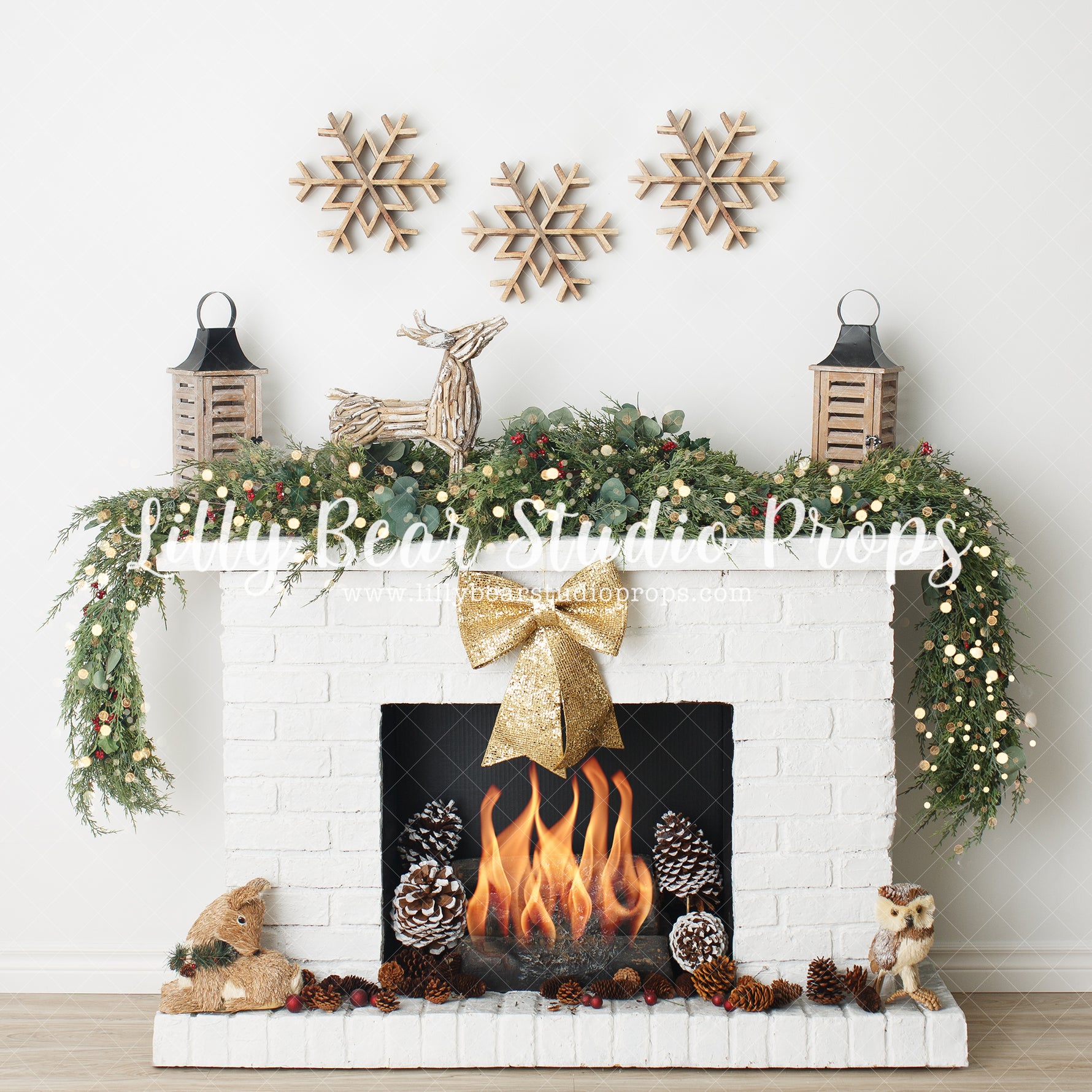 Warm Up With A Bow - Lilly Bear Studio Props, bohemian fireplace, boho christmas fireplace, boho fireplace, boho fireplaced, christmas fireplace, christmas garland, fireplace, forest, holiday garland, mantel, white fireplace, white mantel, winter, winter woodland