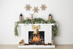 Warm Up With A Bow - Lilly Bear Studio Props, bohemian fireplace, boho christmas fireplace, boho fireplace, boho fireplaced, christmas fireplace, christmas garland, fireplace, forest, holiday garland, mantel, white fireplace, white mantel, winter, winter woodland