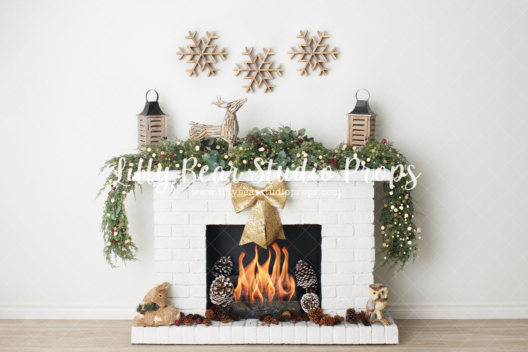 Warm Up With A Bow - Lilly Bear Studio Props, bohemian fireplace, boho christmas fireplace, boho fireplace, boho fireplaced, christmas fireplace, christmas garland, fireplace, forest, holiday garland, mantel, white fireplace, white mantel, winter, winter woodland