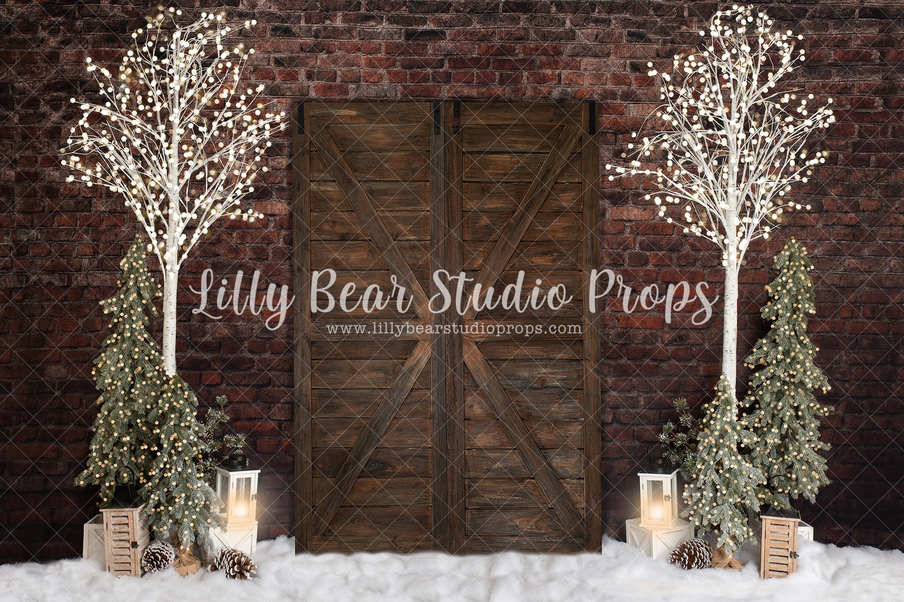 Warming Christmas - Lilly Bear Studio Props, barn doors, barn doors christmas, birch, birch trees, birch wood, brick christmas, christmas, christmas candy, christmas doors, holiday, nutcracker, nutcrackers, pine trees, winter, wreaths