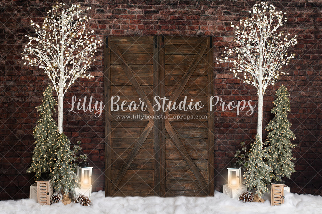 Warming Christmas - Lilly Bear Studio Props, barn doors, barn doors christmas, birch, birch trees, birch wood, brick christmas, christmas, christmas candy, christmas doors, holiday, nutcracker, nutcrackers, pine trees, winter, wreaths