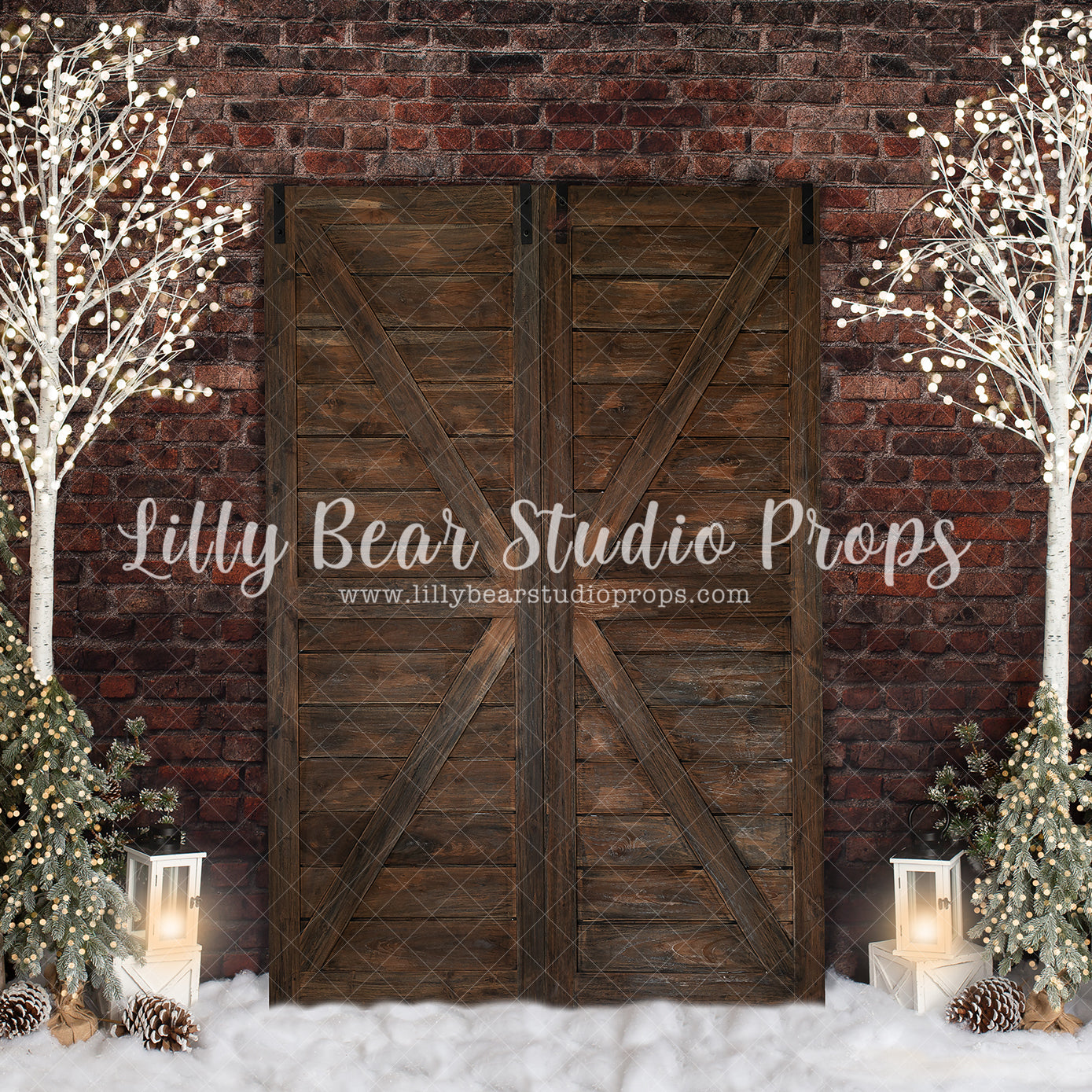 Warming Christmas - Lilly Bear Studio Props, barn doors, barn doors christmas, birch, birch trees, birch wood, brick christmas, christmas, christmas candy, christmas doors, holiday, nutcracker, nutcrackers, pine trees, winter, wreaths