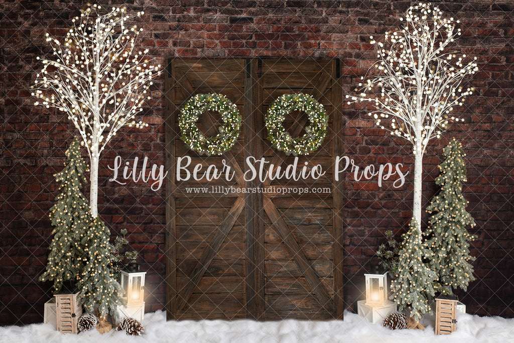 Warming Christmas Wreaths - Lilly Bear Studio Props, barn doors, barn doors christmas, birch, birch trees, birch wood, brick christmas, christmas, christmas candy, christmas doors, holiday, nutcracker, nutcrackers, pine trees, winter, wreaths