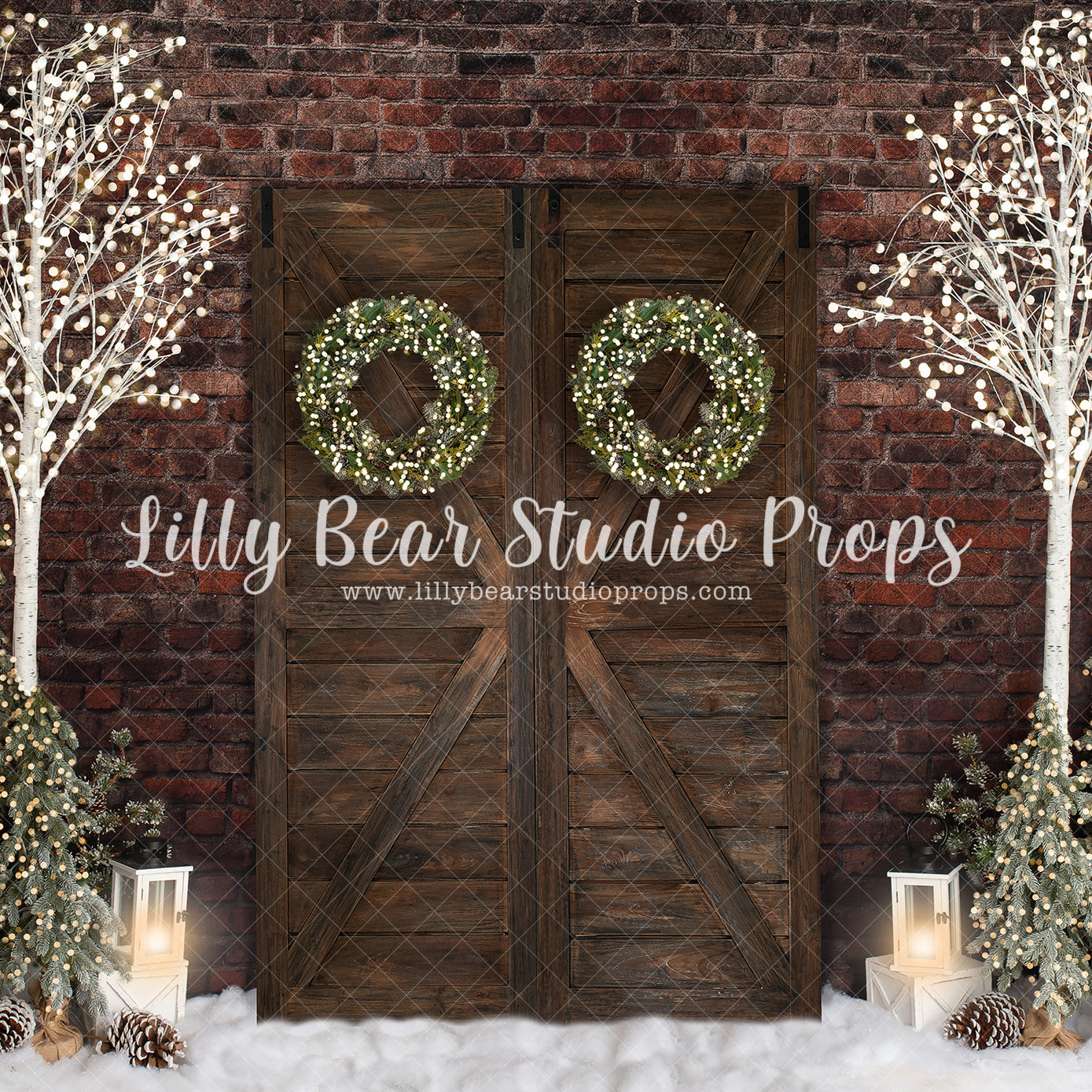 Warming Christmas Wreaths - Lilly Bear Studio Props, barn doors, barn doors christmas, birch, birch trees, birch wood, brick christmas, christmas, christmas candy, christmas doors, holiday, nutcracker, nutcrackers, pine trees, winter, wreaths
