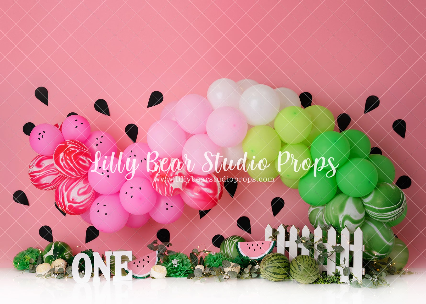 Watermelon Garland - Lilly Bear Studio Props, balloon, balloon arch, balloon garland, bananas, black polka dots, flowers, garden, It's Sweet to be One, ONE, One in a Melon, picket fence, pink and green, pink and green balloons, pretty garden, red black white, spring garden, watermelon, watermelon farm, watermelon garland, watermelon seeds, watermelon slices, watermelon stand, watermelon stripes, watermelon sugar high, watermelons, white balloon arch, white balloons, white picket fence