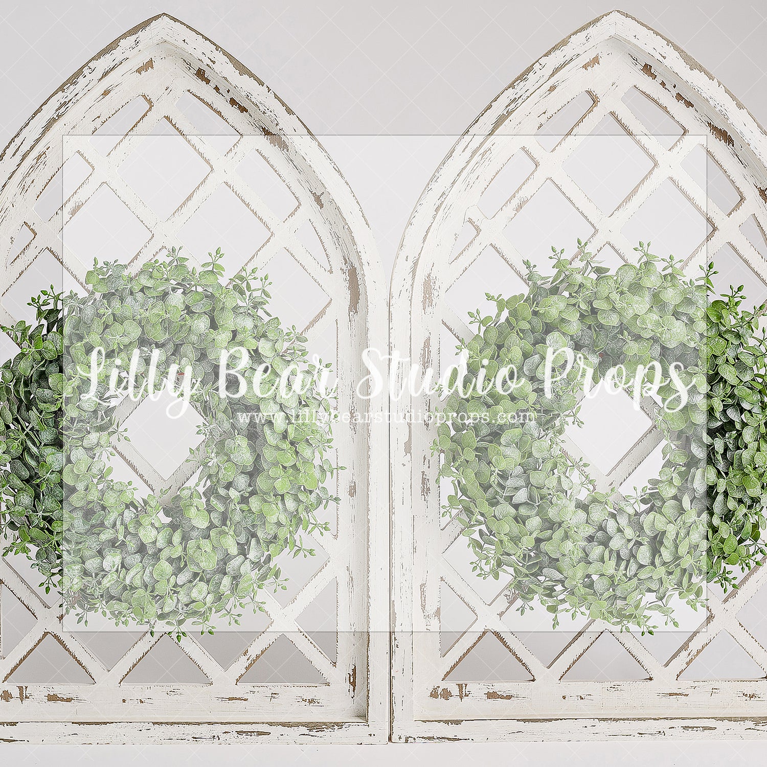 White Arch Wreaths - Lilly Bear Studio Props, boho spring, floral, picket fence, spring, spring archway, spring ballroom, spring barn, spring wreath, white, white arches, white floral, wisteria