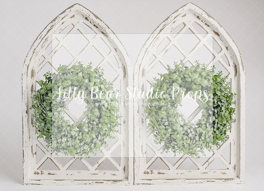White Arch Wreaths - Lilly Bear Studio Props, boho spring, floral, picket fence, spring, spring archway, spring ballroom, spring barn, spring wreath, white, white arches, white floral, wisteria