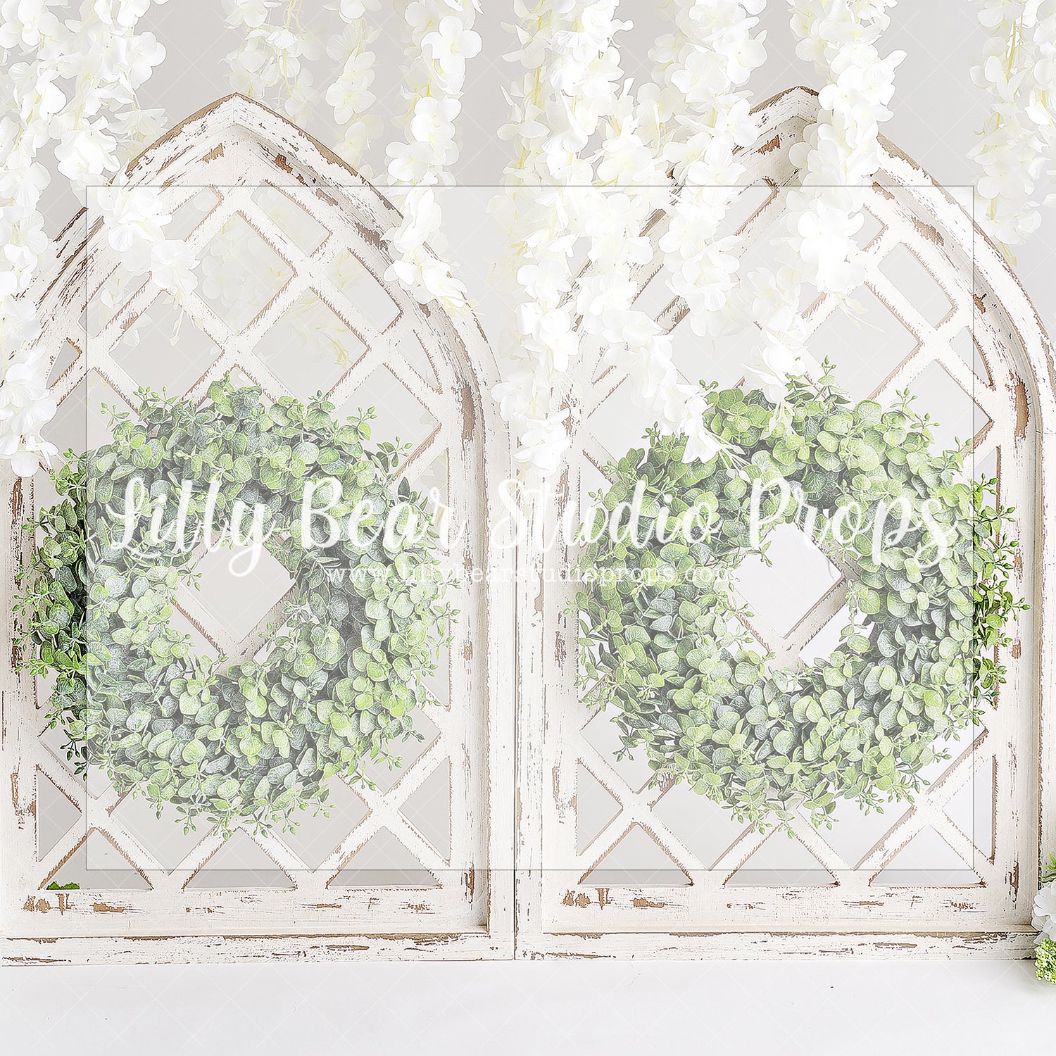 White Arch Floral - Lilly Bear Studio Props, boho spring, floral, picket fence, spring, spring archway, spring ballroom, spring barn, spring wreath, white, white arches, white floral, wisteria