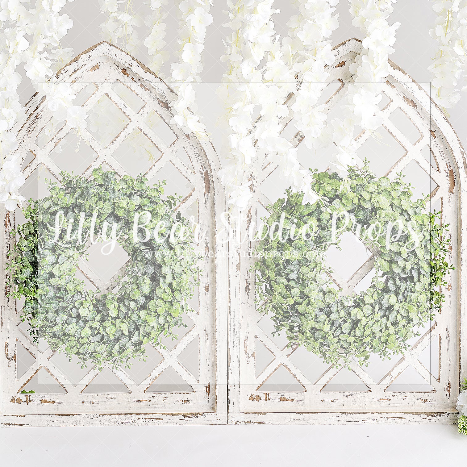 White Arch Floral - Lilly Bear Studio Props, boho spring, floral, picket fence, spring, spring archway, spring ballroom, spring barn, spring wreath, white, white arches, white floral, wisteria