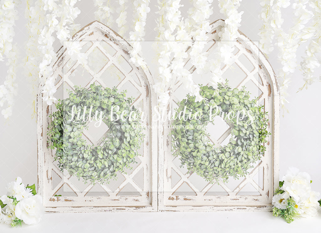 White Arch Floral - Lilly Bear Studio Props, boho spring, floral, picket fence, spring, spring archway, spring ballroom, spring barn, spring wreath, white, white arches, white floral, wisteria