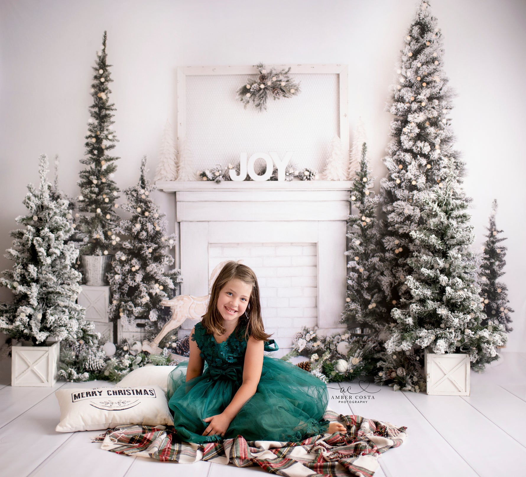 White Christmas Morning - Lilly Bear Studio Props, christmas, christmas fireplace, christmas joy, christmas rocking horse, christmas tree, FABRICS, fireplace, flock christmas tree, joy, mantle, rocking horse, seasonal, white christmas, white christmas mantel, white fireplace, white mantel