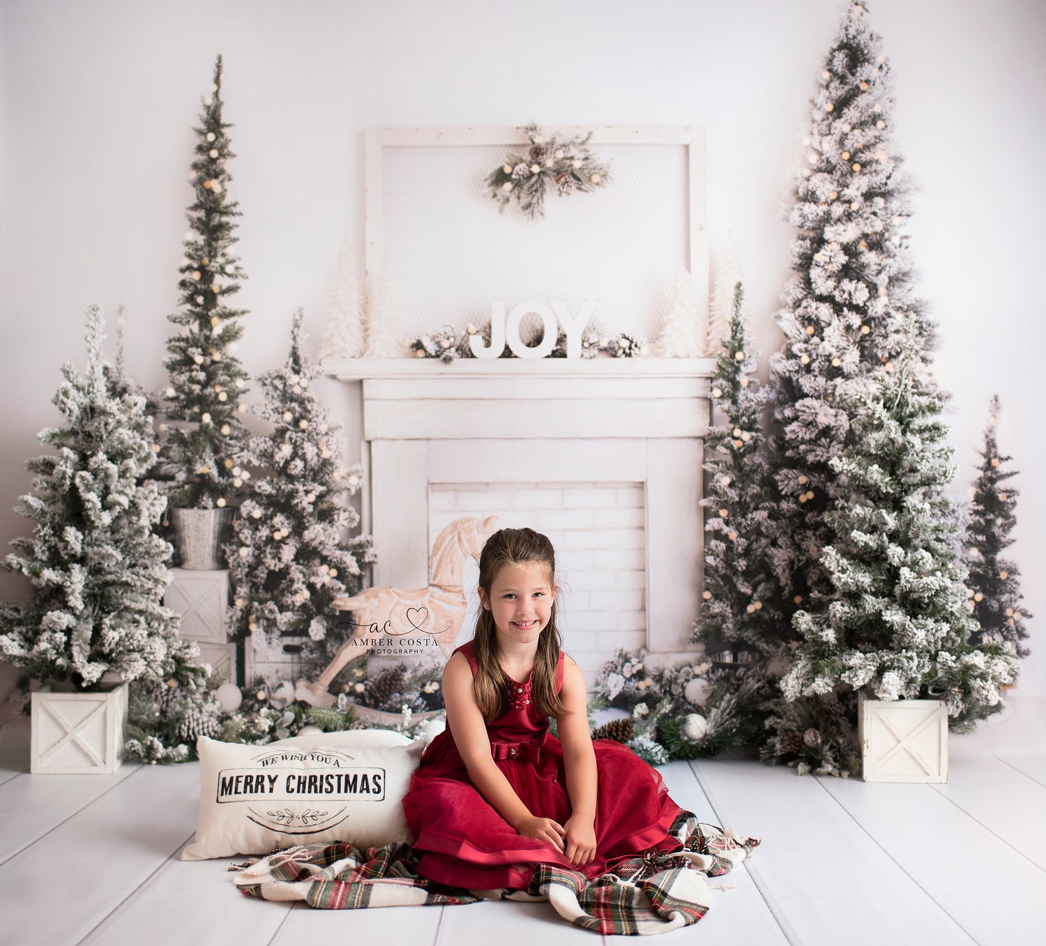 White Christmas Morning - Lilly Bear Studio Props, christmas, christmas fireplace, christmas joy, christmas rocking horse, christmas tree, FABRICS, fireplace, flock christmas tree, joy, mantle, rocking horse, seasonal, white christmas, white christmas mantel, white fireplace, white mantel
