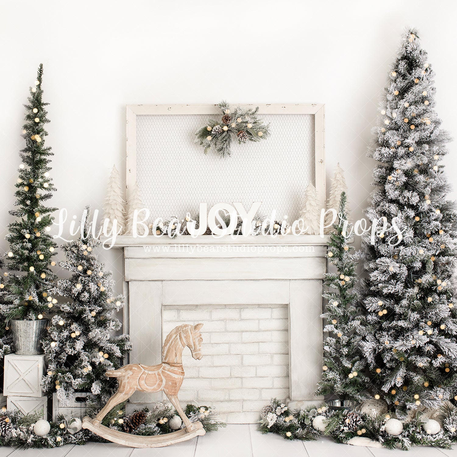 White Christmas Morning - Lilly Bear Studio Props, christmas, christmas fireplace, christmas joy, christmas rocking horse, christmas tree, FABRICS, fireplace, flock christmas tree, joy, mantle, rocking horse, seasonal, white christmas, white christmas mantel, white fireplace, white mantel