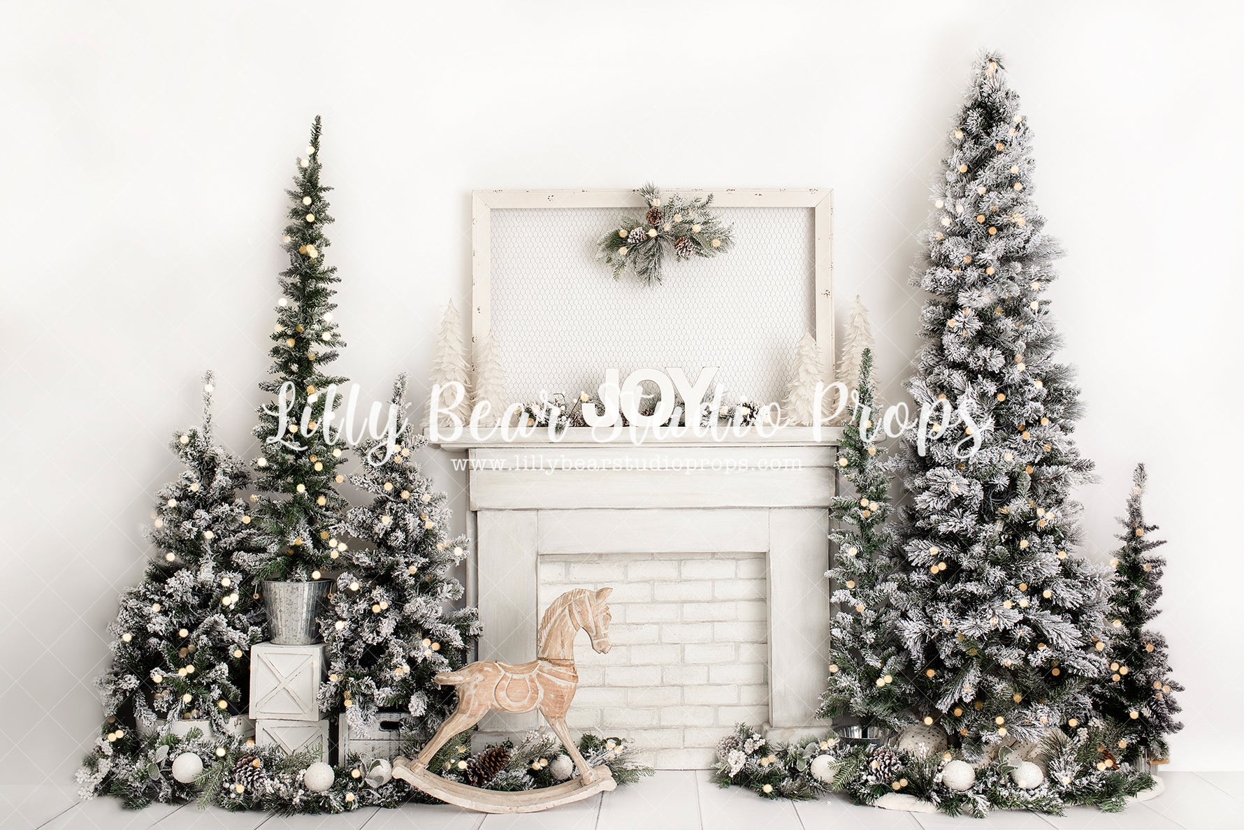 White Christmas Morning - Lilly Bear Studio Props, christmas, christmas fireplace, christmas joy, christmas rocking horse, christmas tree, FABRICS, fireplace, flock christmas tree, joy, mantle, rocking horse, seasonal, white christmas, white christmas mantel, white fireplace, white mantel