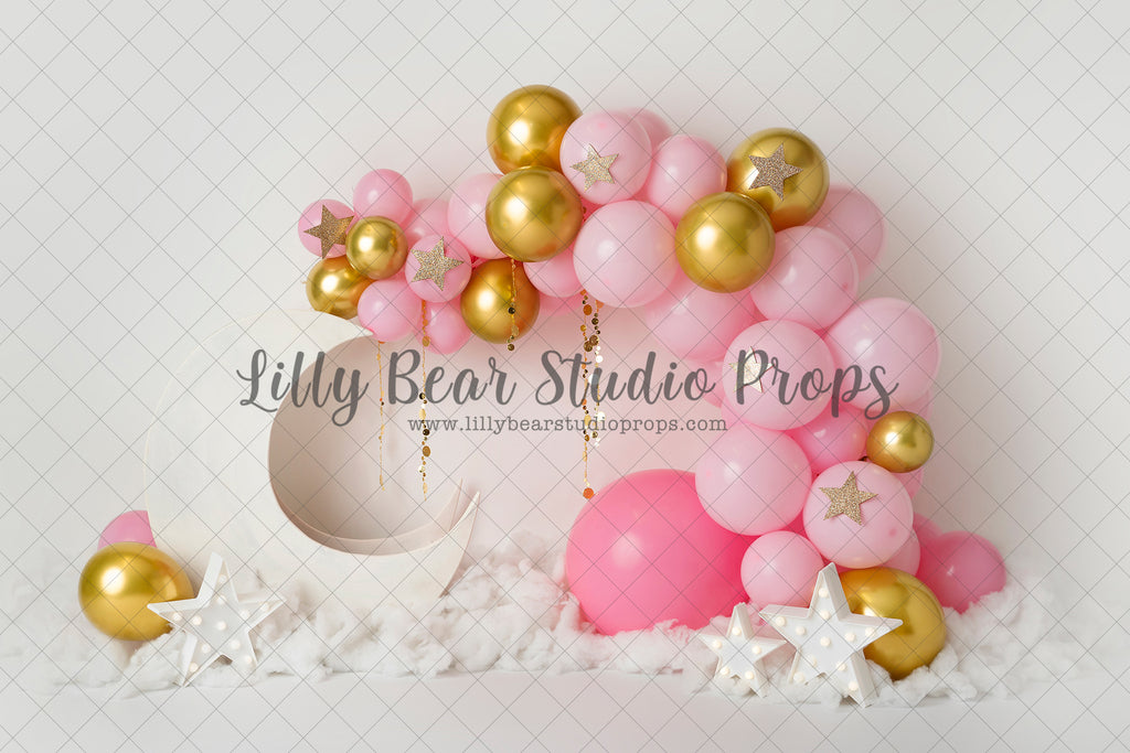 White moon with gold and pink - Lilly Bear Studio Props, balloon rainbow, glitter rainbow, gold balloons, gold moon, gold moon and stars, gold moon and stars balloons, gold rainbow, gold stars, pastel rainbow, pink and gold, pink and gold balloons, pink and gold garland, pink balloons, pink rainbow, teddies, teddy bears, twinkle twinkle, twinkle twinkle little star