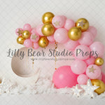 White moon with gold and pink - Lilly Bear Studio Props, balloon rainbow, glitter rainbow, gold balloons, gold moon, gold moon and stars, gold moon and stars balloons, gold rainbow, gold stars, pastel rainbow, pink and gold, pink and gold balloons, pink and gold garland, pink balloons, pink rainbow, teddies, teddy bears, twinkle twinkle, twinkle twinkle little star