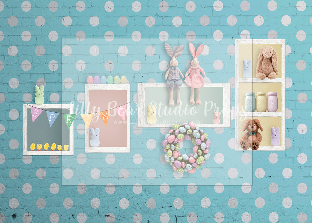 White Polka Dot Bunny Wall-Blue - Lilly Bear Studio Props, bunnies, bunny, easter, easter backdrop, easter bunny, easter doors, easter egg, easter flowers, easter mini, FABRICS, happy easter, some bunnies one, some bunny is one, some bunny's one, spring bunny