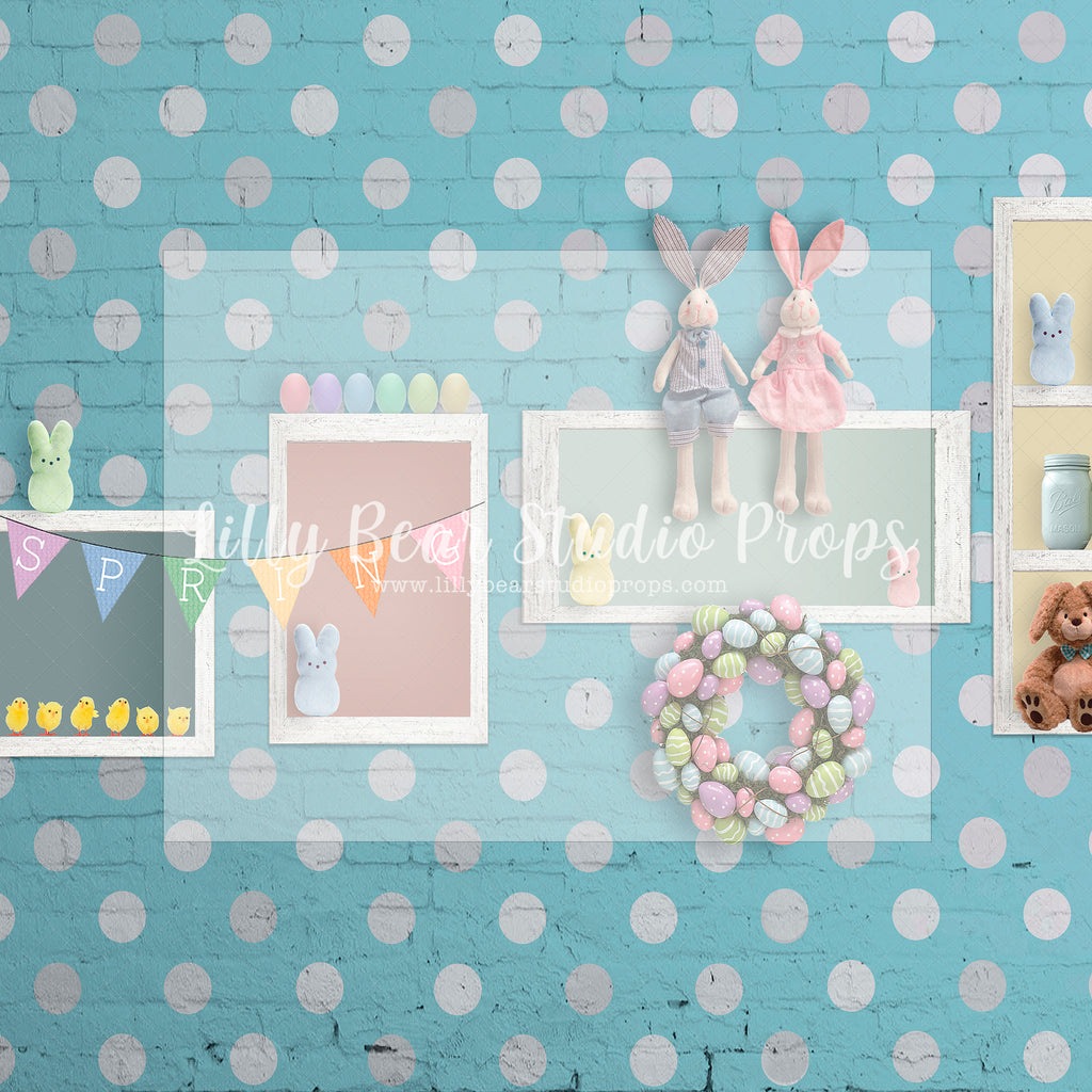 White Polka Dot Bunny Wall-Blue - Lilly Bear Studio Props, bunnies, bunny, easter, easter backdrop, easter bunny, easter doors, easter egg, easter flowers, easter mini, FABRICS, happy easter, some bunnies one, some bunny is one, some bunny's one, spring bunny