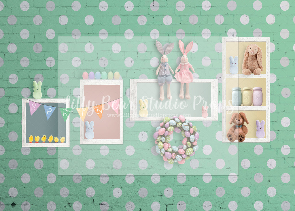 White Polka Dot Bunny Wall-Green - Lilly Bear Studio Props, bunnies, bunny, easter, easter backdrop, easter bunny, easter doors, easter egg, easter flowers, easter mini, FABRICS, happy easter, some bunnies one, some bunny is one, some bunny's one, spring bunny