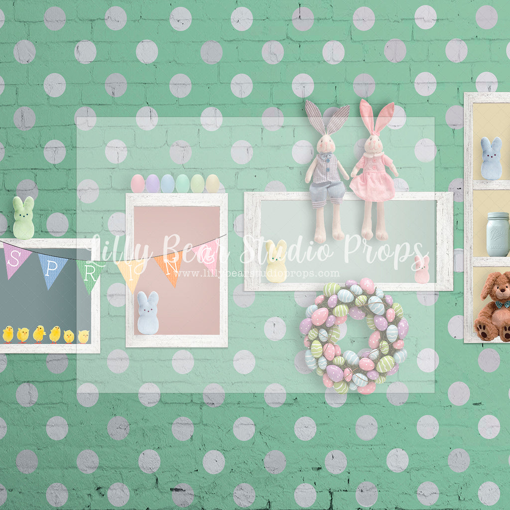 White Polka Dot Bunny Wall-Green - Lilly Bear Studio Props, bunnies, bunny, easter, easter backdrop, easter bunny, easter doors, easter egg, easter flowers, easter mini, FABRICS, happy easter, some bunnies one, some bunny is one, some bunny's one, spring bunny