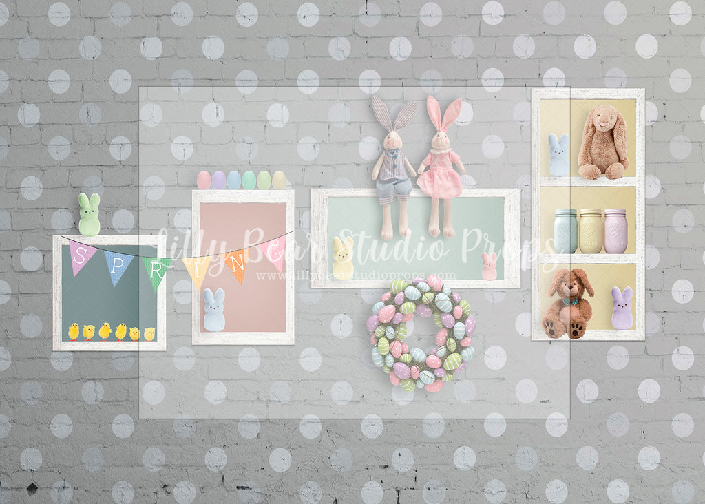 White Polka Dot Bunny Wall-Grey - Lilly Bear Studio Props, bunnies, bunny, easter, easter backdrop, easter bunny, easter doors, easter egg, easter flowers, easter mini, FABRICS, happy easter, some bunnies one, some bunny is one, some bunny's one, spring bunny