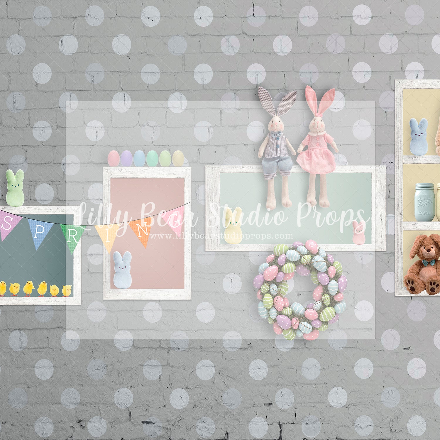 White Polka Dot Bunny Wall-Grey - Lilly Bear Studio Props, bunnies, bunny, easter, easter backdrop, easter bunny, easter doors, easter egg, easter flowers, easter mini, FABRICS, happy easter, some bunnies one, some bunny is one, some bunny's one, spring bunny