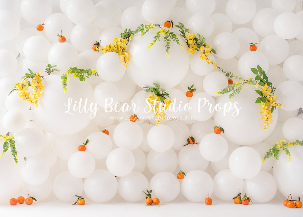 White Tangerine Balloon Wall - Lilly Bear Studio Props, balloon, balloon chic, balloon flowers, balloon wall, bird cage, bird cages, fruit, greenery, spring, spring ballooons, spring floral, spring flowers, spring tangerine, tangerine, tangerine fruit, tangerine spring, white balloon wall, white balloons, yellow floral, yellow flowers