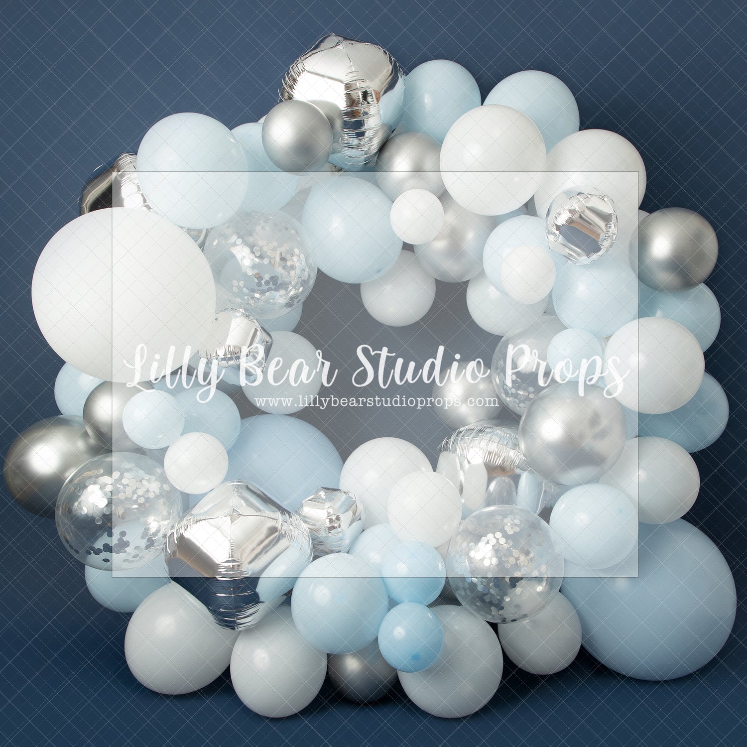 Winter Balloon Wreath - Lilly Bear Studio Props, artistic floral, balloon, balloon arch, balloon garland, blue, chrome balloon, metallic balloon, silver balloons, white and silver balloons, white balloons, winter balloon garland, winter balloon wreath, winter wreath