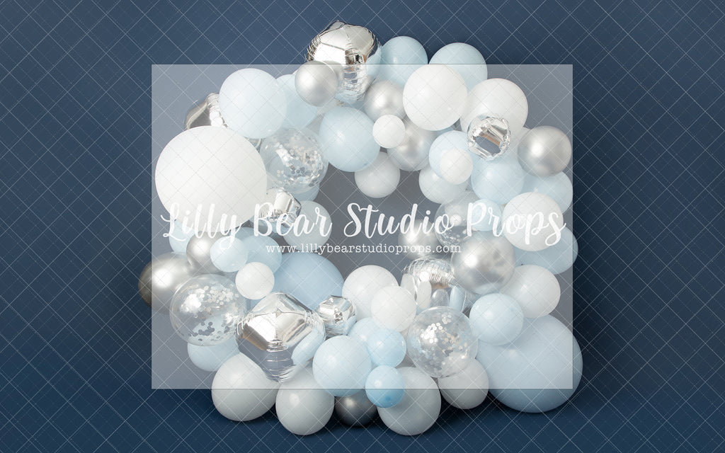 Winter Balloon Wreath - Lilly Bear Studio Props, artistic floral, balloon, balloon arch, balloon garland, blue, chrome balloon, metallic balloon, silver balloons, white and silver balloons, white balloons, winter balloon garland, winter balloon wreath, winter wreath