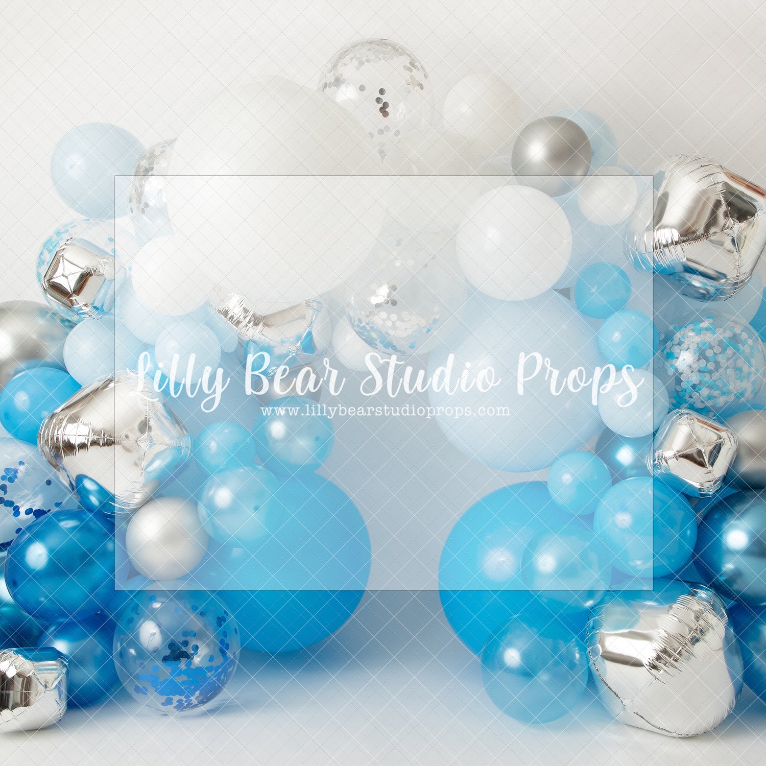 Winter Blues Balloon Garland - Lilly Bear Studio Props, artistic floral, balloon, balloon arch, balloon garland, blue, chrome balloon, metallic balloon, silver balloons, white and silver balloons, white balloons, winter balloon garland, winter balloon wreath, winter wreath