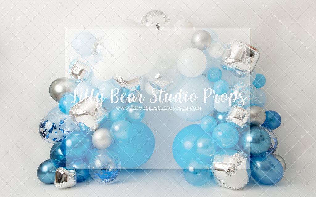 Winter Blues Balloon Garland - Lilly Bear Studio Props, artistic floral, balloon, balloon arch, balloon garland, blue, chrome balloon, metallic balloon, silver balloons, white and silver balloons, white balloons, winter balloon garland, winter balloon wreath, winter wreath