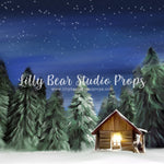 Winter Cabin by Jessica Ruth Photography sold by Lilly Bear Studio Props, cabin - dark forest - fabric - forest - green