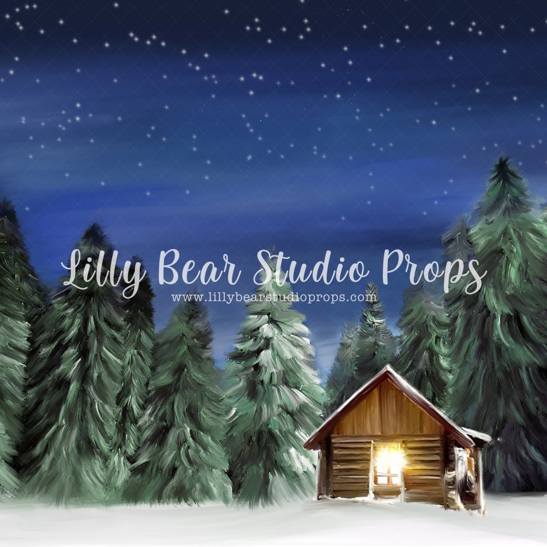 Winter Cabin by Jessica Ruth Photography sold by Lilly Bear Studio Props, cabin - dark forest - fabric - forest - green