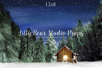 Winter Cabin by Jessica Ruth Photography sold by Lilly Bear Studio Props, cabin - dark forest - fabric - forest - green