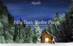Winter Cabin by Jessica Ruth Photography sold by Lilly Bear Studio Props, cabin - dark forest - fabric - forest - green