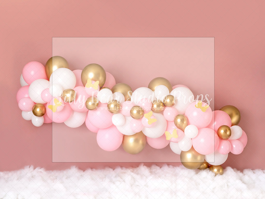 Winter Pink Gold and Bows Balloon Garland - Lilly Bear Studio Props, balloon, balloon garland, bow-tique, bowtique, castle, disney, disney world, disneyland, FABRICS, girl, gold and pink, gold balloons, mickey ears, mickey mouse, minnie, minnie balloons, minnie mouse, minnie mouse balloon garland, minnie mouse bow, minnie's bowtique, ONE, onederland, pink, pink and gold balloons, pink and grey balloons, pink minnie, pink white and gold, princess, winter one derland, winter onederland