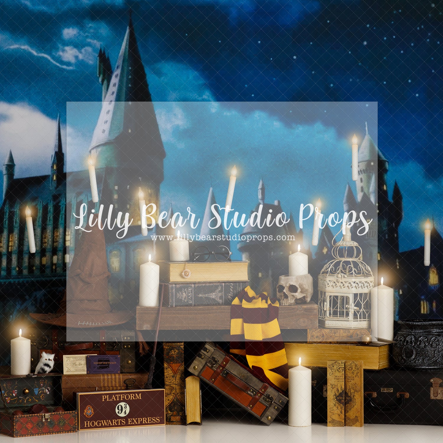 Wizarding World - Lilly Bear Studio Props, black brick, candles, deathly hollows, floating candles, harry, harry potter, magic, magic spells, magician, majic, marauders map, night bus ticket, owl, platform 9 3/4, quidditch, sorting hat, suit cases, time turner, trunk
