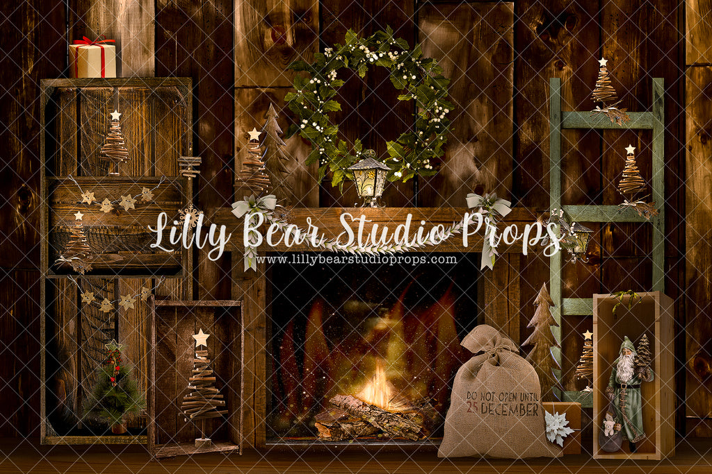 Woodsy Cabin Christmas Room - Lilly Bear Studio Props, black fireplace, cabin fireplace, christmas, christmas cabin, christmas fireplace, christmas mantel, christmas village, christmas window, dark fireplace, evergreen trees, evergreens, Fabric, fireplace, fireplace frames, holiday, holiday christmas, holiday fireplace, mantel, pine trees, white christmas, wood fireplace, Wrinkle Free Fabric