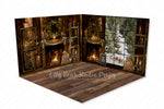 Woodsy Cabin Christmas Room - Lilly Bear Studio Props, black fireplace, cabin fireplace, christmas, christmas cabin, christmas fireplace, christmas mantel, christmas village, christmas window, dark fireplace, evergreen trees, evergreens, Fabric, fireplace, fireplace frames, holiday, holiday christmas, holiday fireplace, mantel, pine trees, white christmas, wood fireplace, Wrinkle Free Fabric