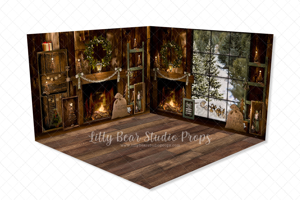 Woodsy Cabin Christmas Room - Lilly Bear Studio Props, black fireplace, cabin fireplace, christmas, christmas cabin, christmas fireplace, christmas mantel, christmas village, christmas window, dark fireplace, evergreen trees, evergreens, Fabric, fireplace, fireplace frames, holiday, holiday christmas, holiday fireplace, mantel, pine trees, white christmas, wood fireplace, Wrinkle Free Fabric