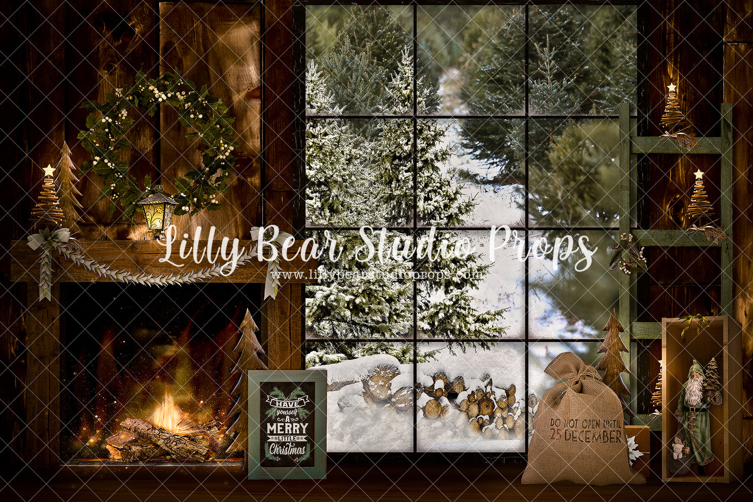 Woodsy Cabin Christmas Room - Lilly Bear Studio Props, black fireplace, cabin fireplace, christmas, christmas cabin, christmas fireplace, christmas mantel, christmas village, christmas window, dark fireplace, evergreen trees, evergreens, Fabric, fireplace, fireplace frames, holiday, holiday christmas, holiday fireplace, mantel, pine trees, white christmas, wood fireplace, Wrinkle Free Fabric