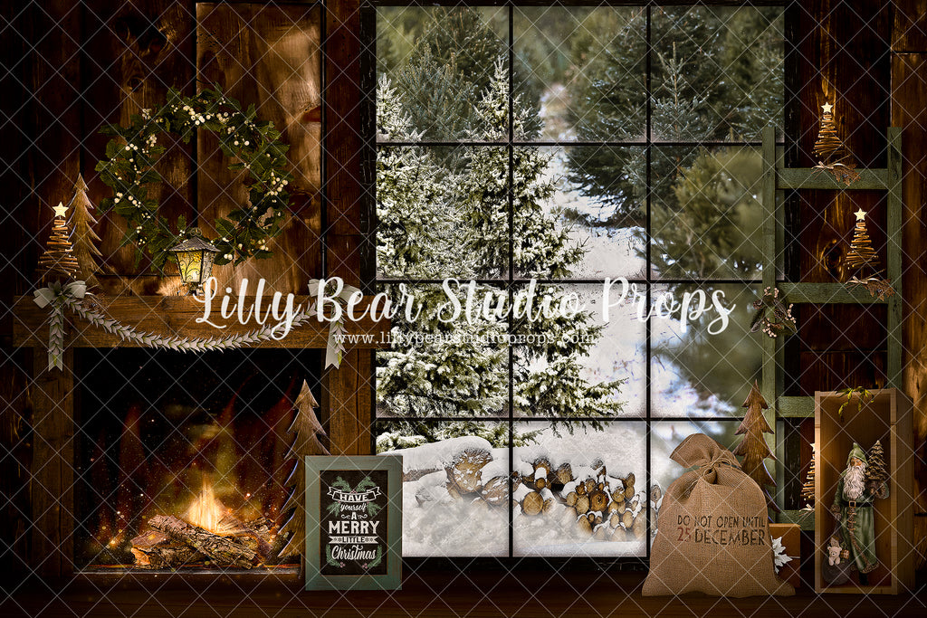 Woodsy Cabin Christmas Room - Lilly Bear Studio Props, black fireplace, cabin fireplace, christmas, christmas cabin, christmas fireplace, christmas mantel, christmas village, christmas window, dark fireplace, evergreen trees, evergreens, Fabric, fireplace, fireplace frames, holiday, holiday christmas, holiday fireplace, mantel, pine trees, white christmas, wood fireplace, Wrinkle Free Fabric