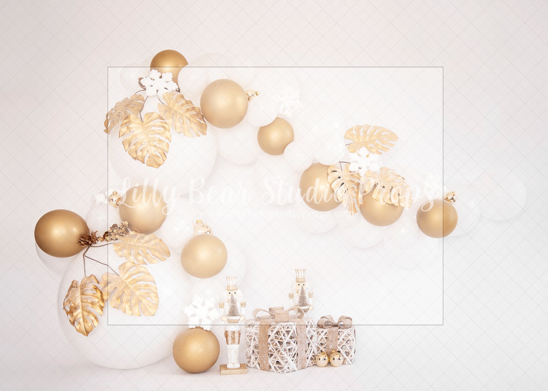 Xmas White Garland - Lilly Bear Studio Props, balloon arch, cake smash, candy cane, candy cane stand, christmas balloon garland, christmas balloons, gold and white, gold and white balloons, gold christmas, santa, santa candy cane, santa mail, santa presents, santa shop, spring flowers, white balloon arch, white balloons