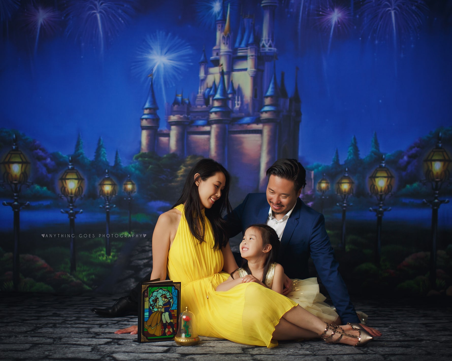 Magic Kingdom - Lilly Bear Studio Props, beauty and the beast, blue, castle, cinderella, disney castle, Disney princess, Fabric, fantasy, floral, girls, hand painted, princess, princesses, purple, royal, violet, Wrinkle Free Fabric