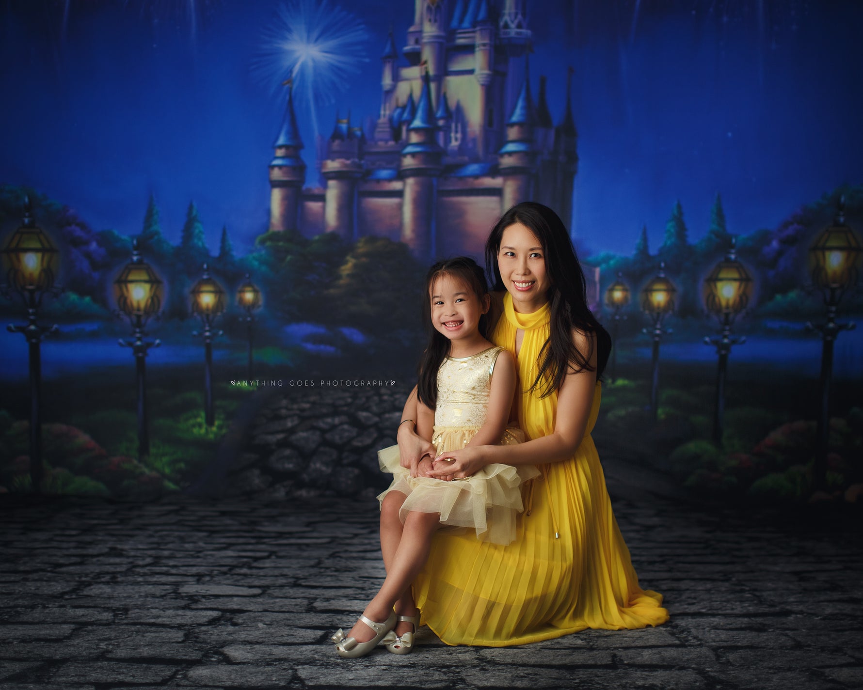Magic Kingdom - Lilly Bear Studio Props, beauty and the beast, blue, castle, cinderella, disney castle, Disney princess, Fabric, fantasy, floral, girls, hand painted, princess, princesses, purple, royal, violet, Wrinkle Free Fabric