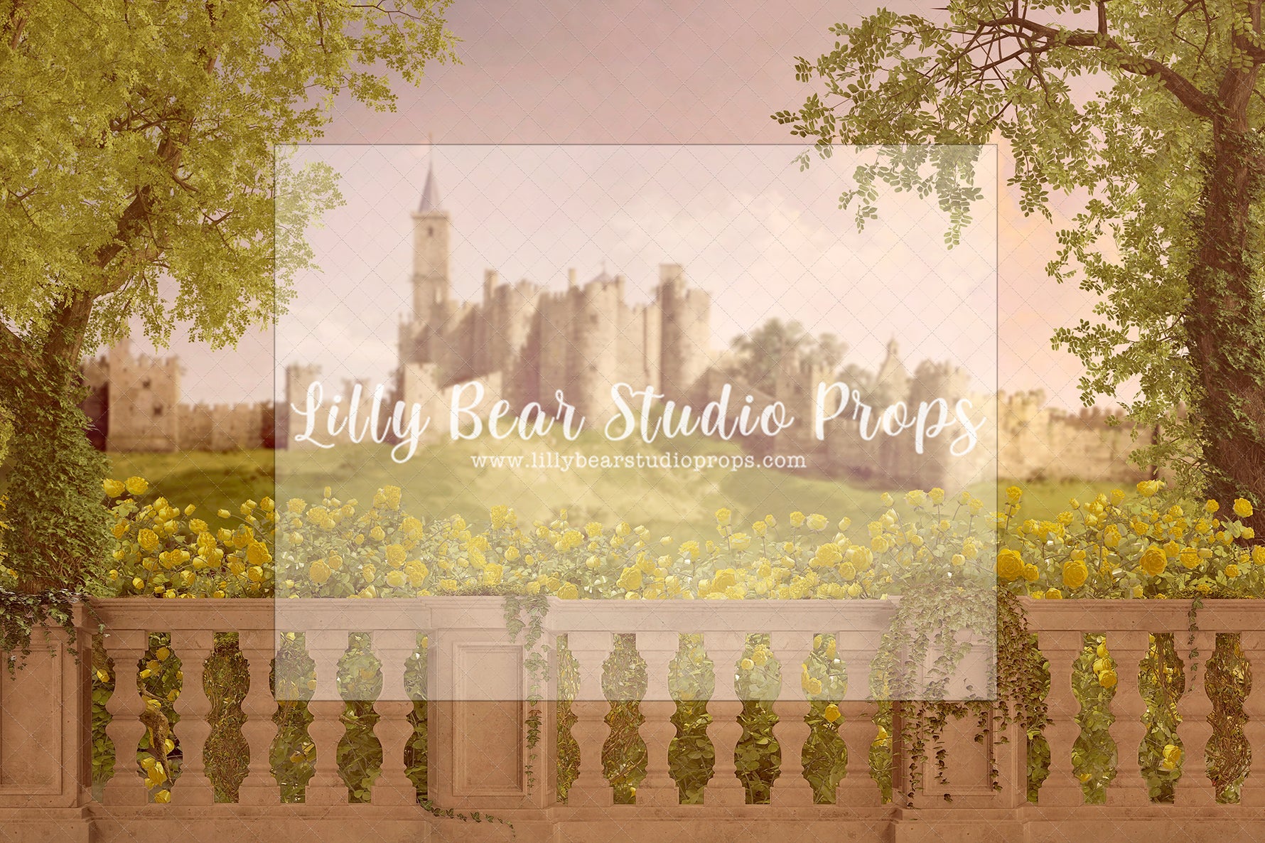 Yellow Rose Castle - Lilly Bear Studio Props, castle, castle balcony, castle gate, center park, Fabric, FABRICS, garden, garden path, garden steps, garden walkway, london, park, pink tulips, spring, steps, Wrinkle Free Fabric