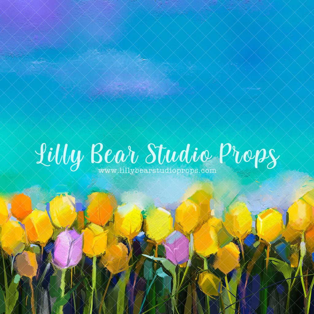 Yellow Tulip Field by Lilly Bear Studio Props sold by Lilly Bear Studio Props, blue floral - blue flower - blue flowers