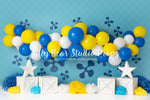 Yellow & Blue Garland - Lilly Bear Studio Props, balloon, balloon arch, balloon garland, bananas, bananas in pjs, blue, blue yellow, blue yellow balloons, blues clues, flowers, pyjamas, sponge bob, white balloon arch, white balloons, yellow, yellow and blue