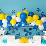 Yellow & Blue Garland - Lilly Bear Studio Props, balloon, balloon arch, balloon garland, bananas, bananas in pjs, blue, blue yellow, blue yellow balloons, blues clues, flowers, pyjamas, sponge bob, white balloon arch, white balloons, yellow, yellow and blue
