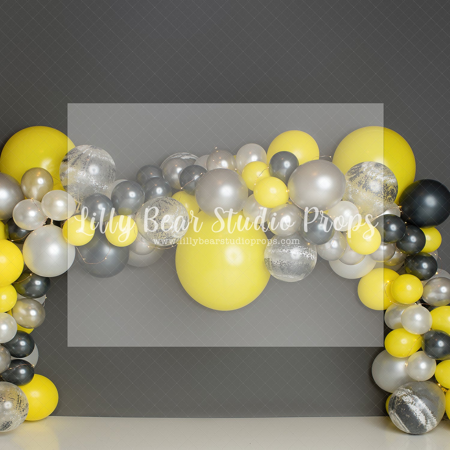 Yellow & Grey Balloon Garland by E Newton - Lilly Bear Studio Props, grey yellow balloons, sunflower balloon garland, sunflower garden, sunflowers, yellow balloons